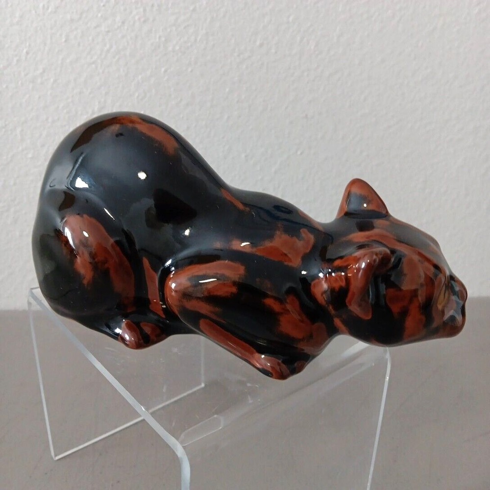 Crouching Calico Cat Figurine Drip Glazed Ceramic 8" Long Hunter Black Brown MCM - Picture 4 of 12
